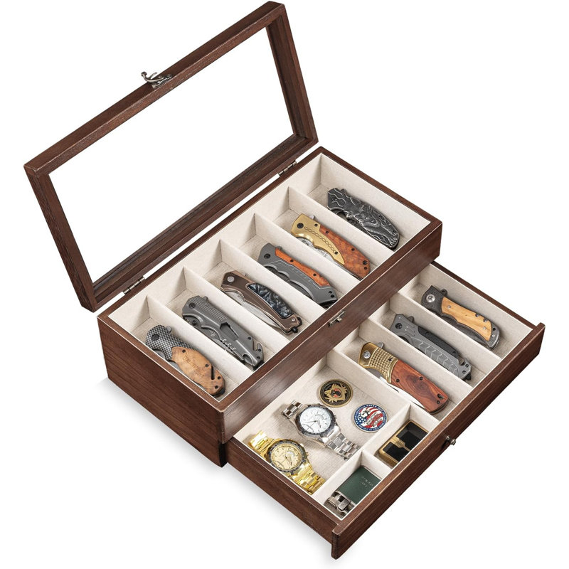  Présentoir à couteaux de poche 2 couches Holder Porte-couteaux en bois avec couvercle en verre et étui à couteaux pour collections