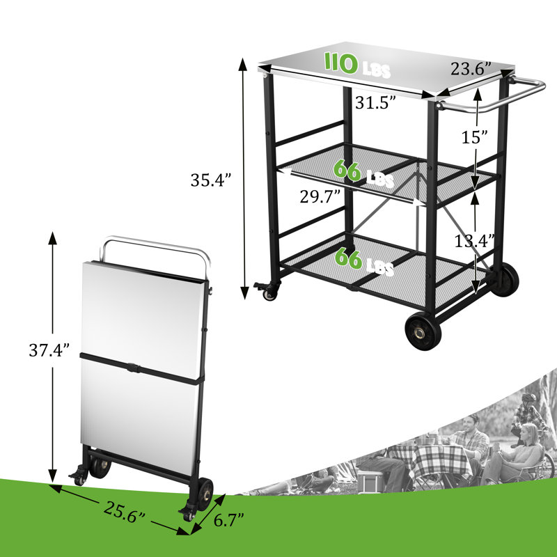 Chariot de barbecue pliant d'extérieur avec roulettes