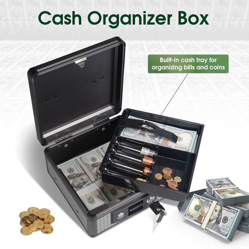 Glosen Cash Box with Lock, Money Box with Key Lock & Removable Coin Tray 8.46 * 5.31 * 8.46 inch (Black, Small), Small