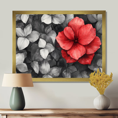 Jaunes hortensias monochromes avec accent rouge audacieux I - Art mural d'hortensias pour le salon