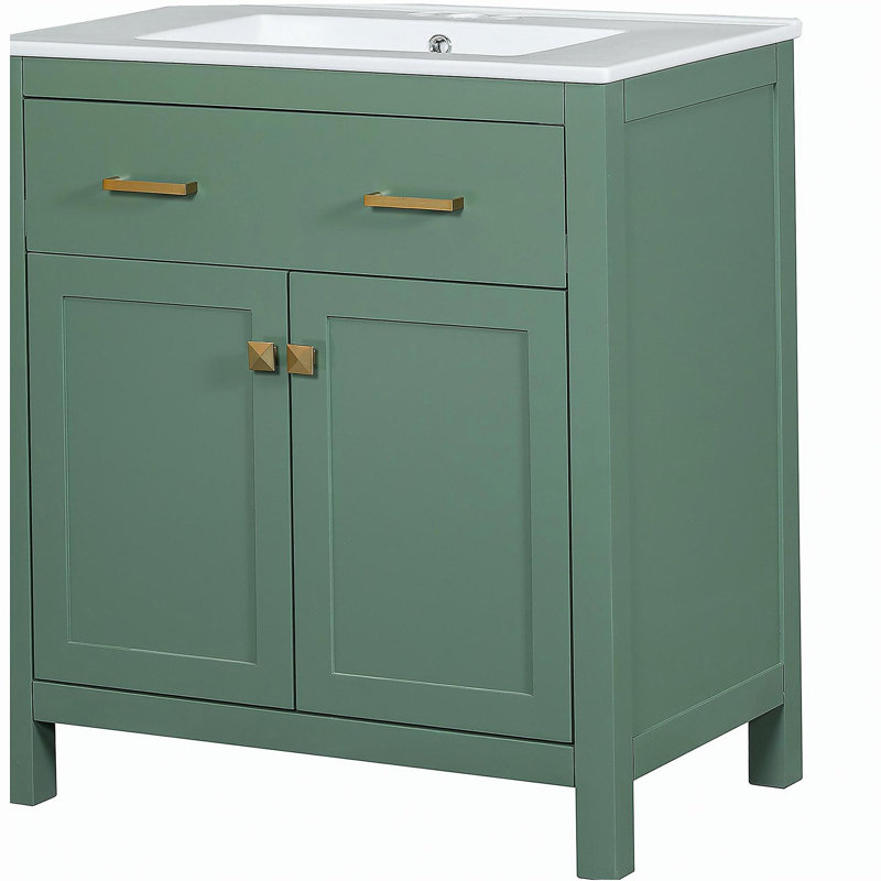 Meuble-lavabo de 30 po avec lavabo en céramique, meuble-lavabo simple vert avec 2 portes et une tablette, portes, Vert