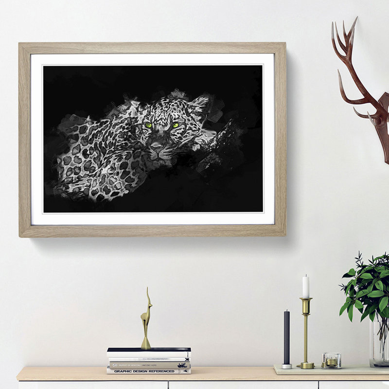 Leopard with Green Eyes High in Abstract - Picture Frame Graphic Art Print, 48cm H x 65cm W x 2cm D, Oak Framed