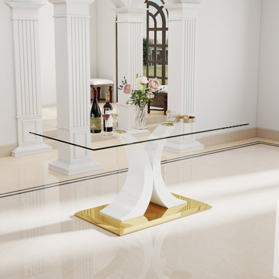 Modern Glass Dining Table, Tempered Glass with Double-C Metal Base for Kitchen, Dining