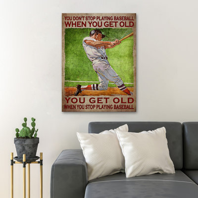 «Man Plays Baseball - You Don't Stop Play Baseball…», toile tendue avec châssis - Illustration de sport, décor de salon blanc et vert