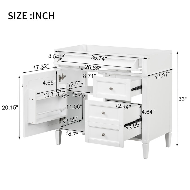 Armoire de rangement pour salle de bain 36 po, fabriquée en bois massif. 2 tiroirs et tiroir coulissant. Look moderne, blanc, meuble-lavabo, bois et finition blanche, améliore l'esthétique
