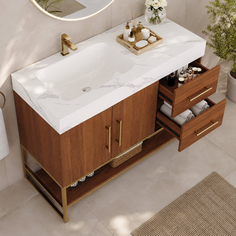 Meuble-lavabo Heywood avec lavabo en céramique et plateau en pierre frittée., Walnut
