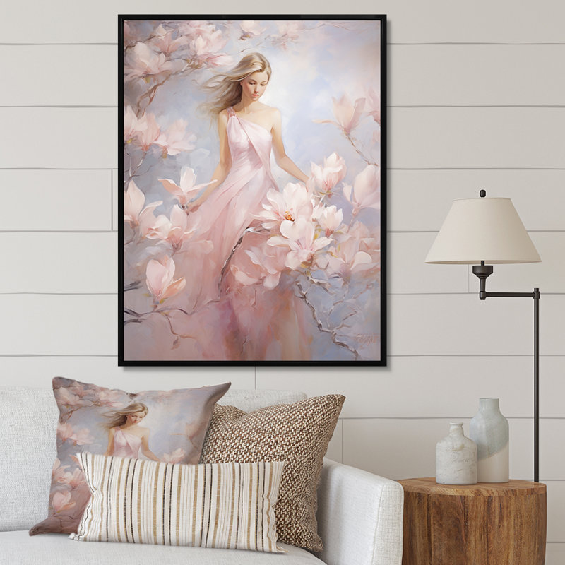 «White Pink Magnolias», impression romantique sur toile, Cadre flottant noir, H 44 po x l 34 po x P 1,5 po