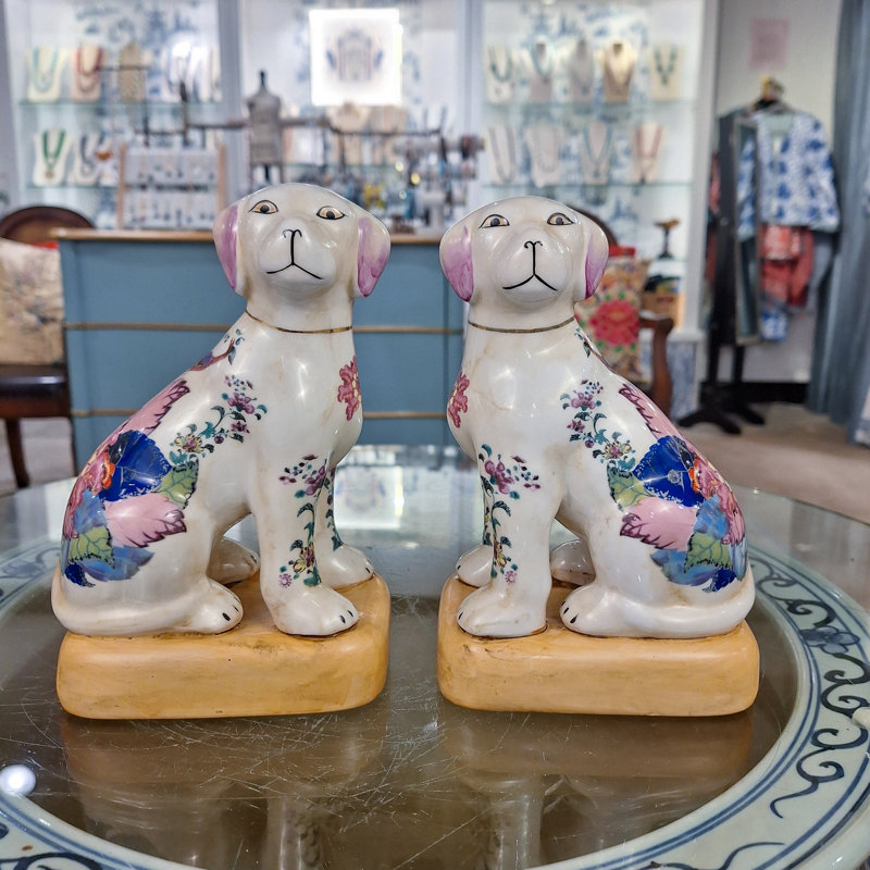 Tobacco Leaf Porcelain Dog Figurines Pair