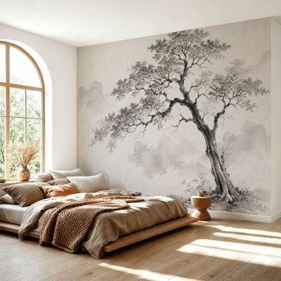 Wall Mural Peel and Stick Wallpaper Japanese Ink Wash Pine Tree Landscape Misty Mountains Self-Adhesive Removable Contact Paper Wall Decor for Living Room Bedroom 100"H x 144"W