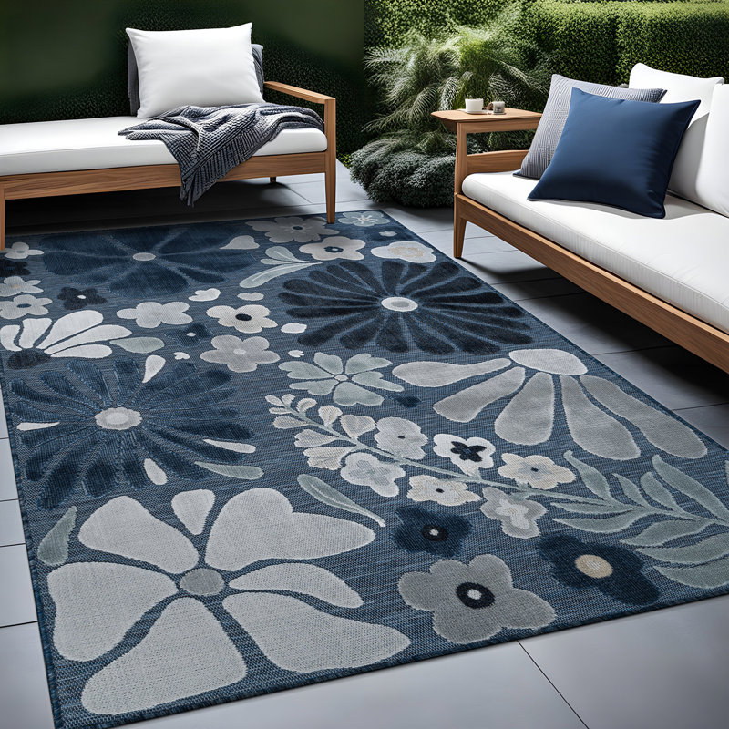 Tapis floral d'intérieur pour l'extérieur, Navy, Rectangle 8' x 10'