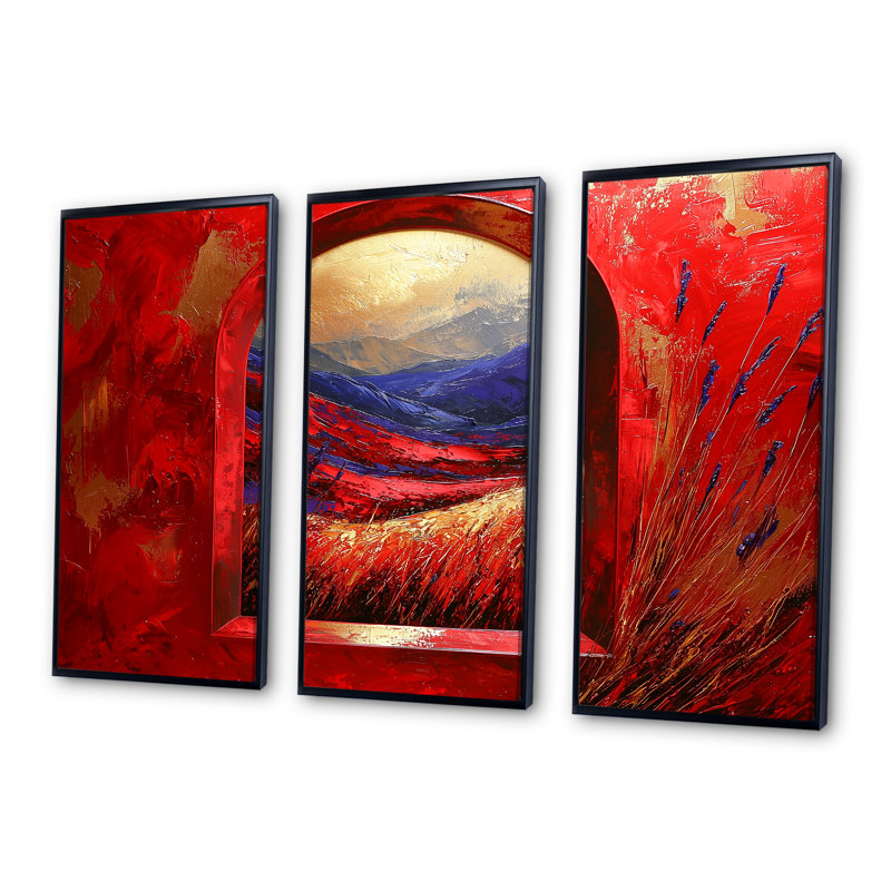 «Red Summer Meadow», ensemble d'art mural prairie, H 40 po x l 60 po x P 1 po, Toile avec cadre flottant noir