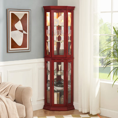 Présentoir de coin d'angle lumineux, étagère vitrée avec porte en verre trempé