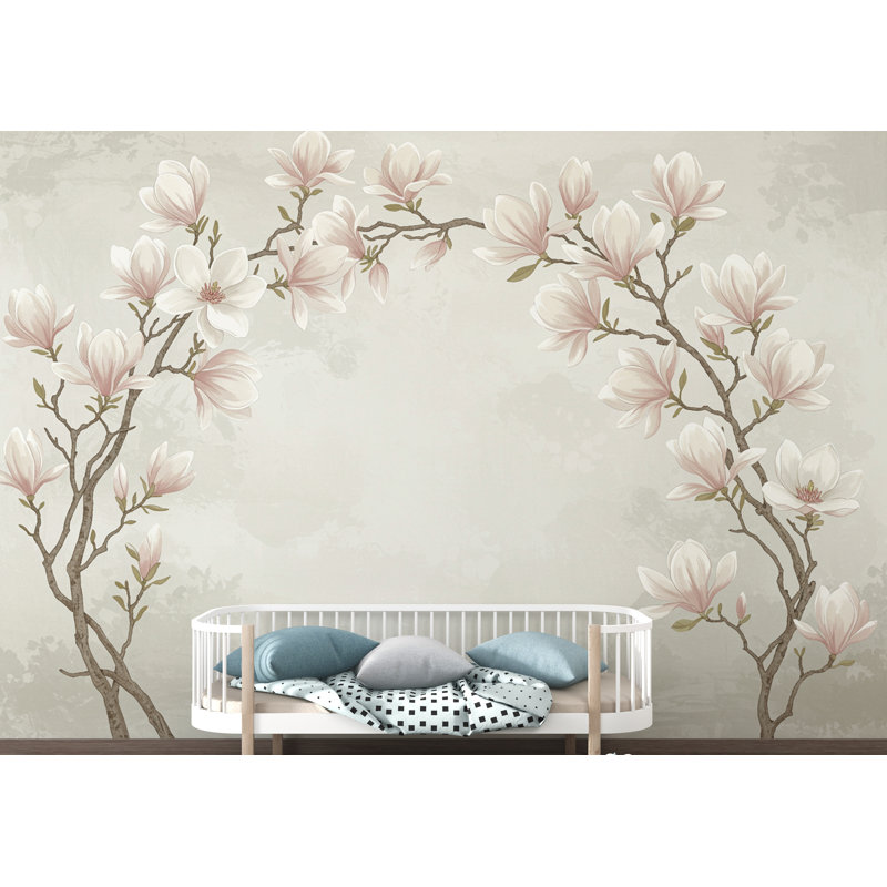 Élégant mur d'arbre de magnolia - Fleurs d'aquarelle peintes à la main | Papier peint romantique romantique (pelez et collez) 988DRS