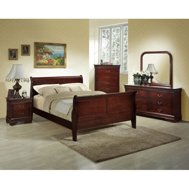 Classic Deep Cherry Finish Elegant 5Pc Bedroom Set w/Sleigh Bed