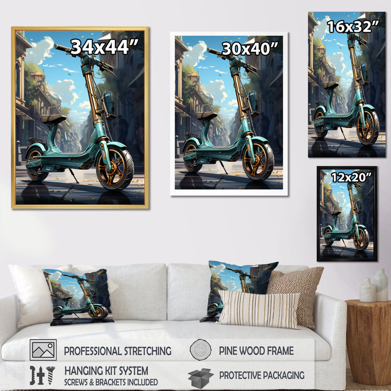 Glissière électrique turquoise et scooter électrique - impressions d'art mural, H 20 po x l 12 po x P 1 po, Toile tendue