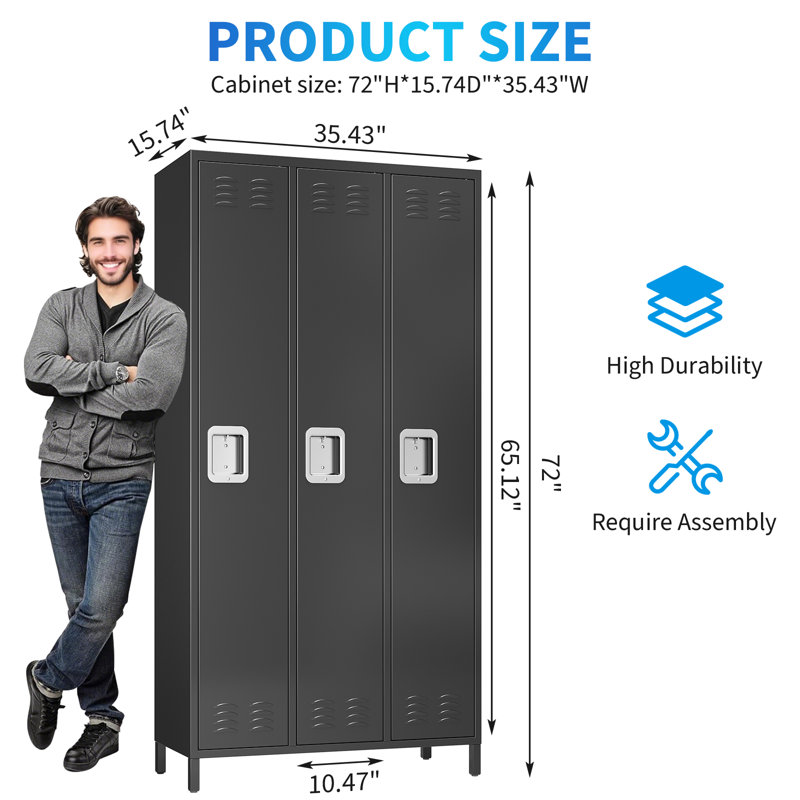 Armoire de rangement 72 po à 3 portes en métal avec portes ventilées