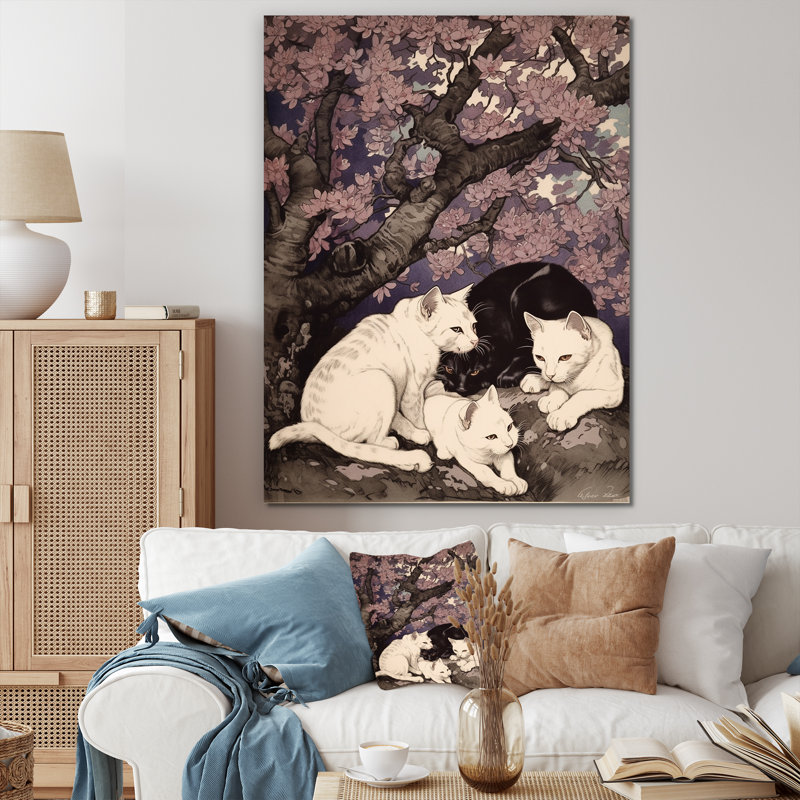 Chat blanc et chat noir dormant sous un arbre - impression, H 32 po x l 16 po x P 1 po, Toile tendue
