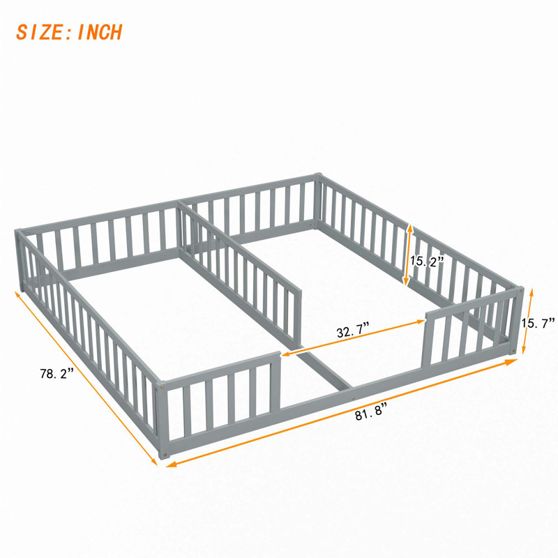 Double Twin Floor Bed With Fence, Guardrails, Grey