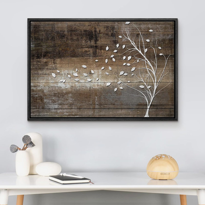 «Leaves Blown Away By Wind From Tree Wood Effect Rustic Large», reproduction d'art sur toile encadrée, H 16 po x l 24 po