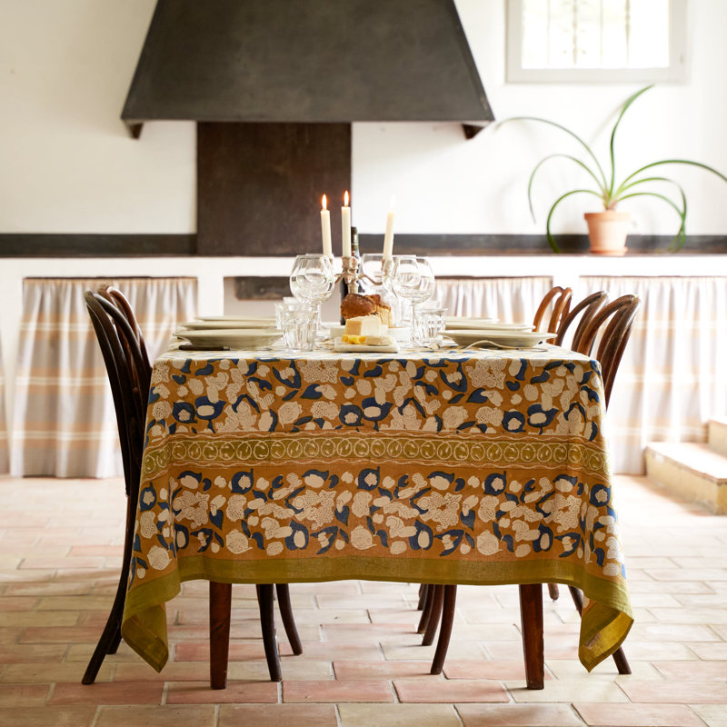 Forest Harvest Handmade Floral Tablecloth, 106" x 71", Mustard/Blue