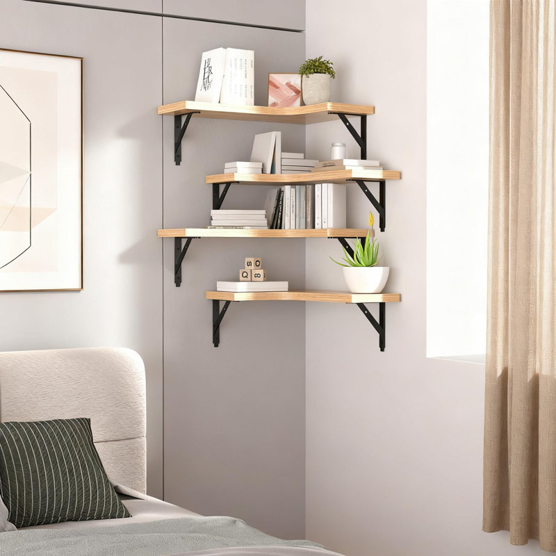Corner Floating Shelves Set Of 4, Rustic Wood Wall Mounted Storage Display Shelves For Home Decor, Bathroom, Kitchen, Bedroom, Living Room, Office