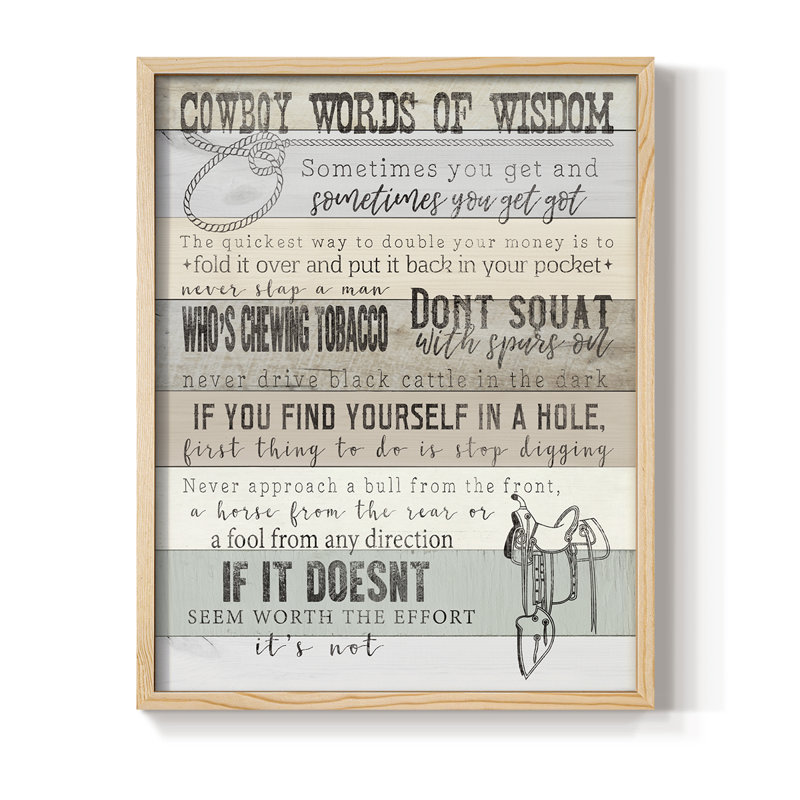 Cowboy Words Of Wisdom, reproduction encadrée - bois massif, H 11 po x l 9 po, Naturel