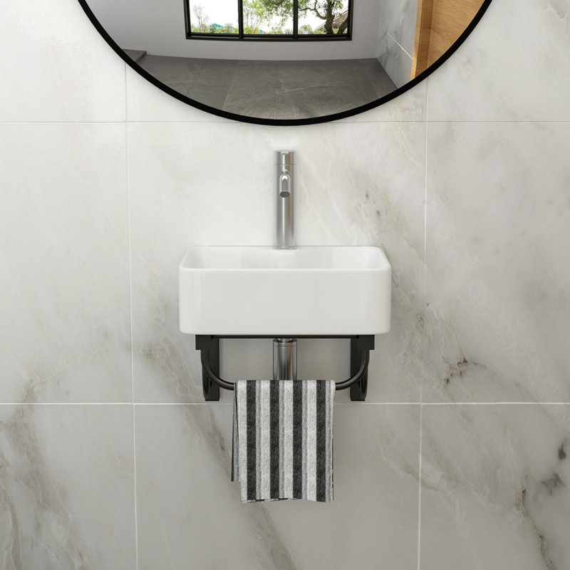 Lavabo de salle de bain mural rectangulaire en céramique 16 po x 12 po avec barre à serviettes noire et trou pour robinet