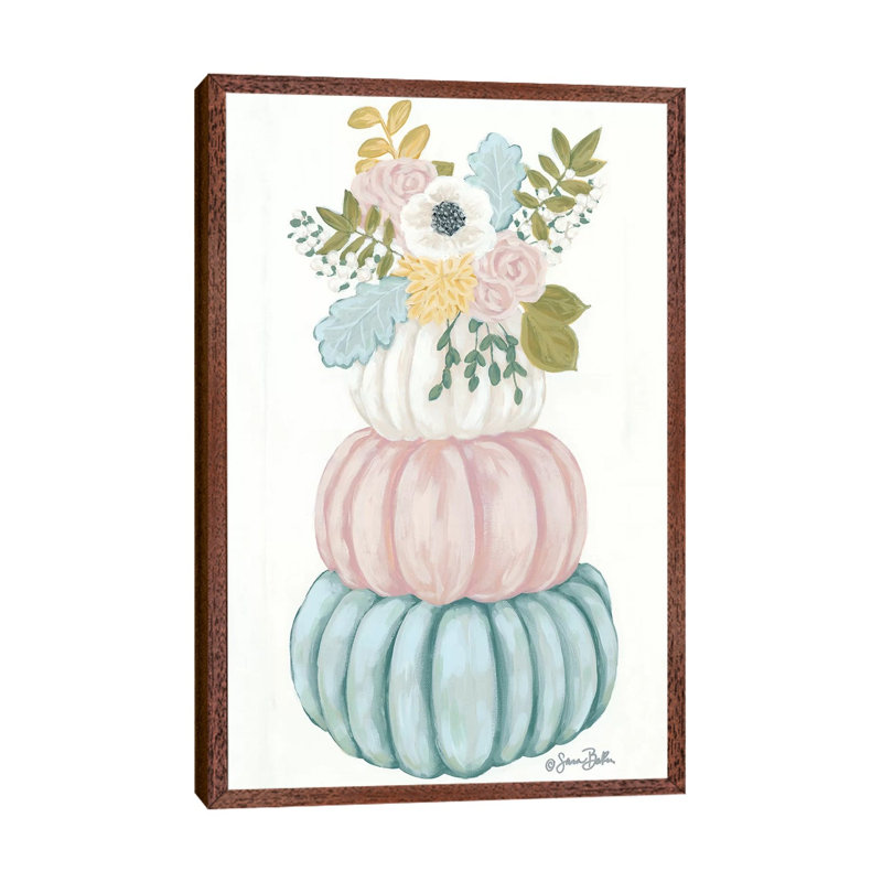 Floral Pumpkins by Sara Baker - Painting on Canvas, Classic Brown Wood Floater Framed, 66.04cm H x 45.72cm W x 3.81cm D