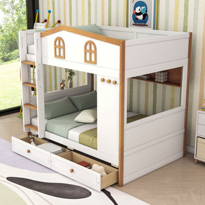 Bunk Bed with Guardrails, Storage Shelves and Drawers