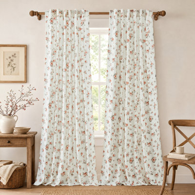  Rose Floral Linen Curtains for Living Room, Light Filtering Farmhouse Drapes Country Vintage Back Tab Window Panels for Bedroom, 2 Panels