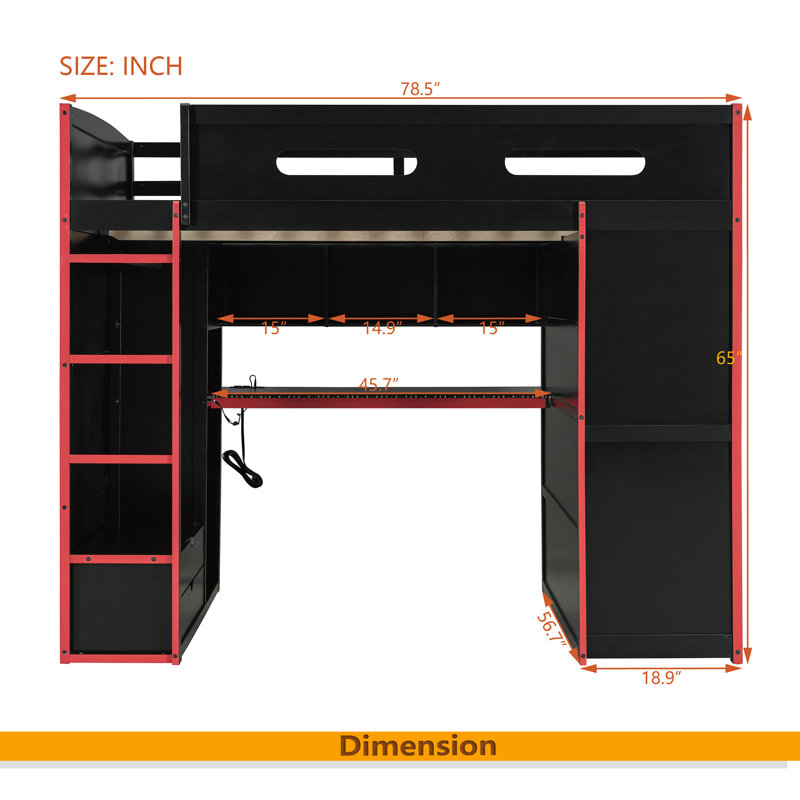Full Size Wood Loft Bed With Desk,Wardrobe,Ample Storage Space,And RGB LED Light, Red