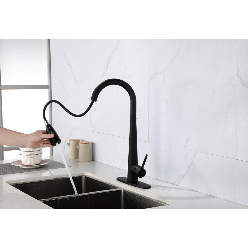 Robinet à poignée simple en acier inoxydable avec évier rétractable pour la cuisine, système de couleur noir mat, buse à grande arche rotative à 360 °, trois modes de sortie d'eau, jet, température sans effort et