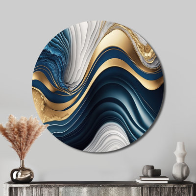 Abstrait géométrique vagues bleues I - Art abstrait rond en métal