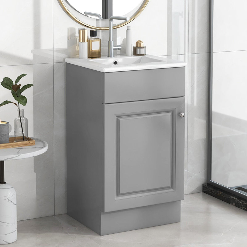 Meuble-lavabo autoportant de 18 po avec lavabo en céramique, Gris, Argent argent