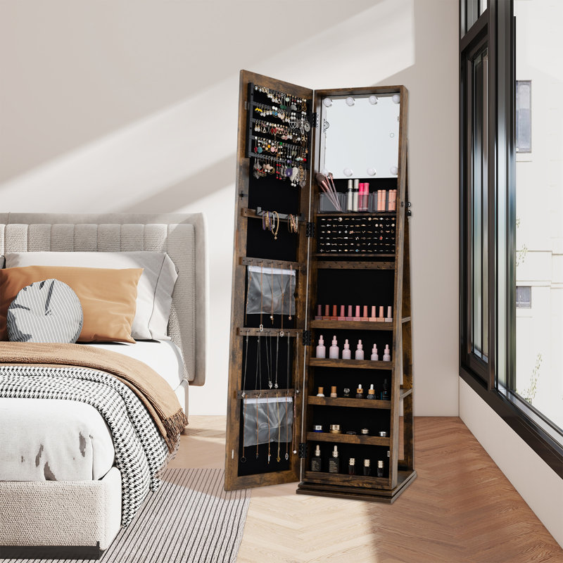 Armoire à bijoux pivotante à 360 degrés avec étagères à miroir pleine longueur pour la chambre à coucher, Brun rustique