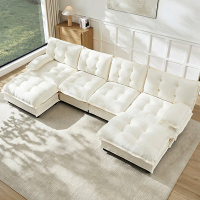 Canapé d'angle moderne en forme de U beige de 350 cm (138 po), 4 places, avec 2 poufs, coussins confortables, construction robuste, montage facile pour un salon confortable, poufs en chenille pour la chambre et la salle de bain.