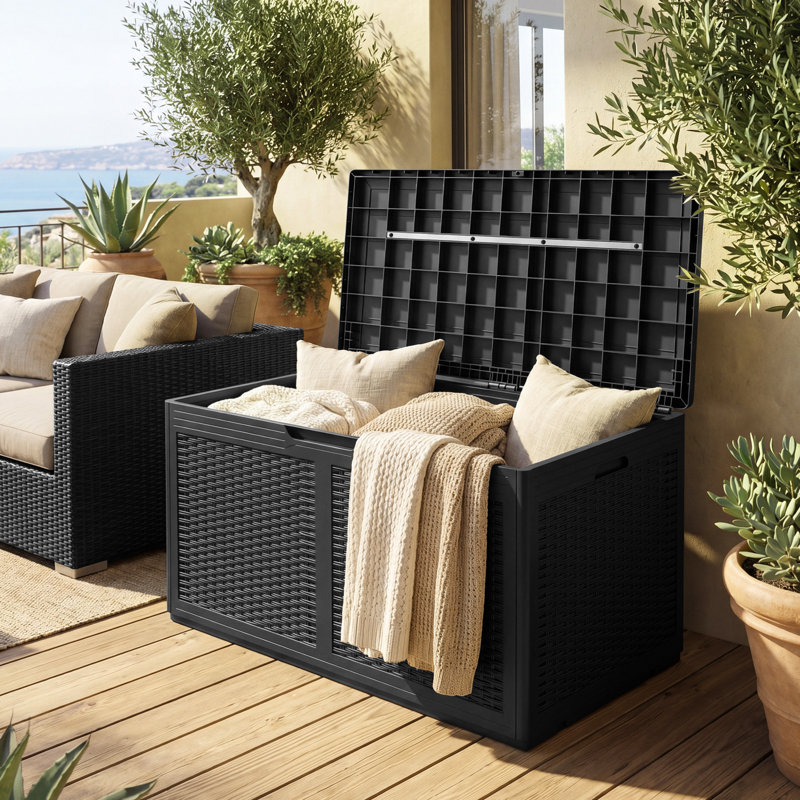 Boîte de rangement extérieure en résine 100 gallons avec couvercle verrouillable et couvercle verrouillable, Noir