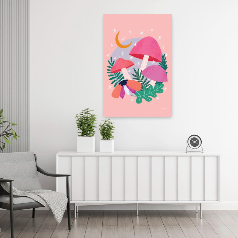 Champignons poussant sous la lune, fantaisiste, contemporain, papillon de nuit, art naturel, H 36 po x l 24 po