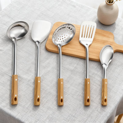 Professional 5-Piece Stainless Steel Kitchen Utensil Set With Wood Grain Handles, Non-Slip Cooking Spoons And Spatulas For Everyday Home Use