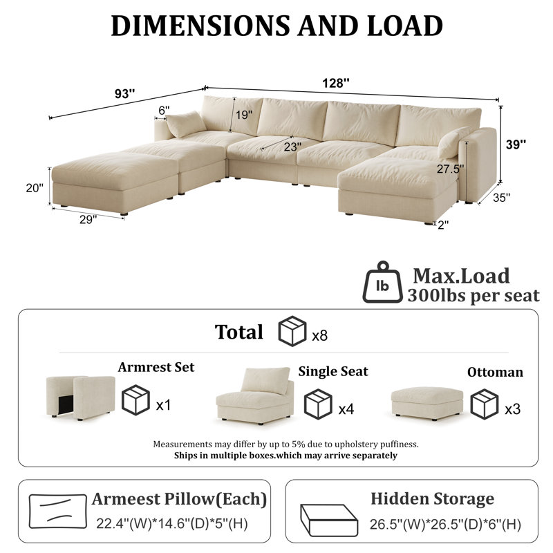 Canapé modulaire de 128 po avec rangement, Chenille beige, H 39 po x l 128 po x P 93 po 