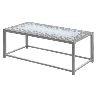 Table basse rectangulaire avec dessus en carreaux bleus - 107 cm de long, structure en métal gris, idéale pour le salon.