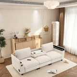 Chenille Sofa With Drop-Down Table, Bluetooth Speakers, Usb Charger, Cup Holders, Hidden Armrest Storage, And Extra-Wide Seating For Living Room