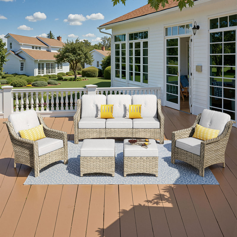 Emanuell 5 - Person Outdoor Conversation Set, Wicker Patio Sofa & Chair Set with Cushions, Light Gray
