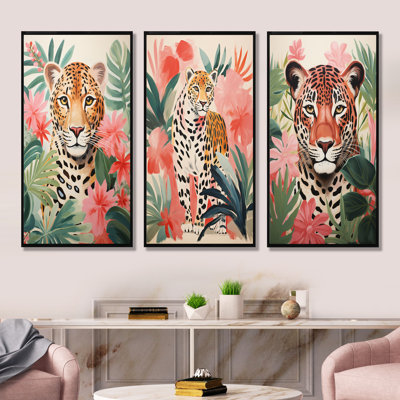 Leopard vert et rose dans la jungle I - ensemble de 3 reproductions d'art sur toile léopard
