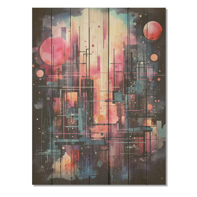 Abstrait nuit lumineuse rose nordique II - aurores boréales sur bois, H 20 po x l 10 po