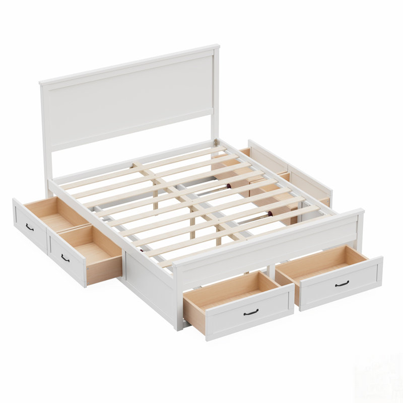 Modern Wood Storage Bed Frame with 6 Drawers, Platform Bed with Wooden Slats Support, No Box Spring Needed, White