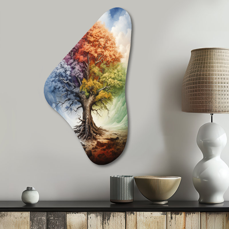 Arbre de vie toutes saisons I - paysage avec arbres en forme de Boomerang, art mural asymétrique en métal, H 31 po x l 17 po