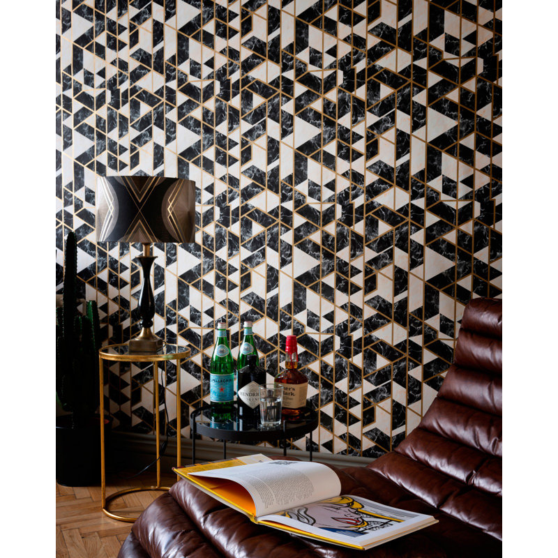 Manhattan Stone Wallpaper Roll, Black/Ivory/Gold