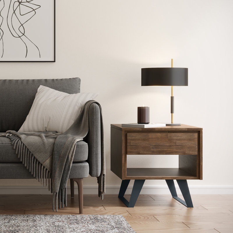 Lowry 22"W Solid Acacia Wood Modern Industrial Square End Table with Drawer, Open Shelf and Angled Legs