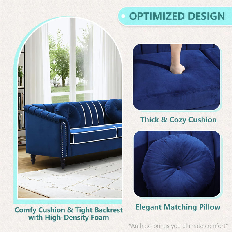 60" Upholstered Classic Chesterfield Loveseat, Blue